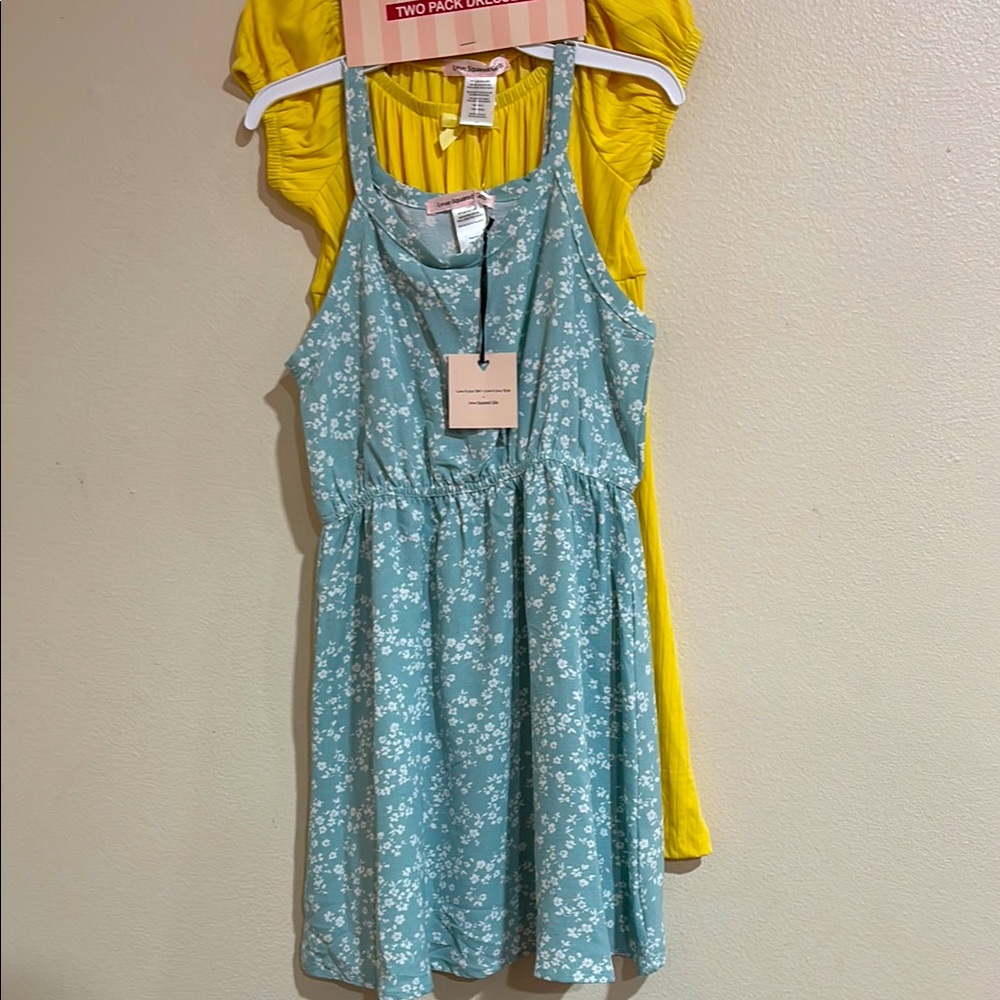 Love Squared 2 pack kids dresses Yellow and blue with white flower sundresses